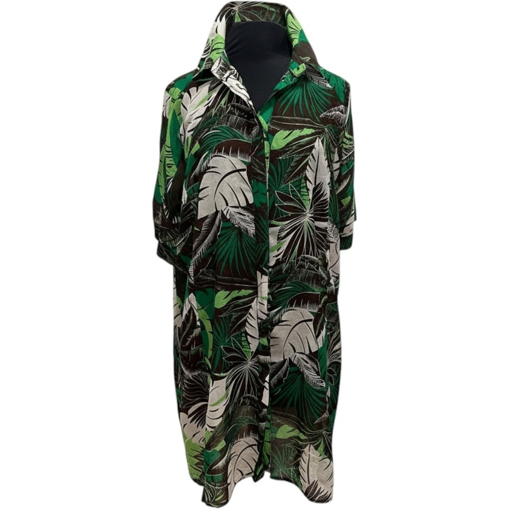 Sante Grace Tropical Leaf Print Button Down Shirt Dress Green Brown